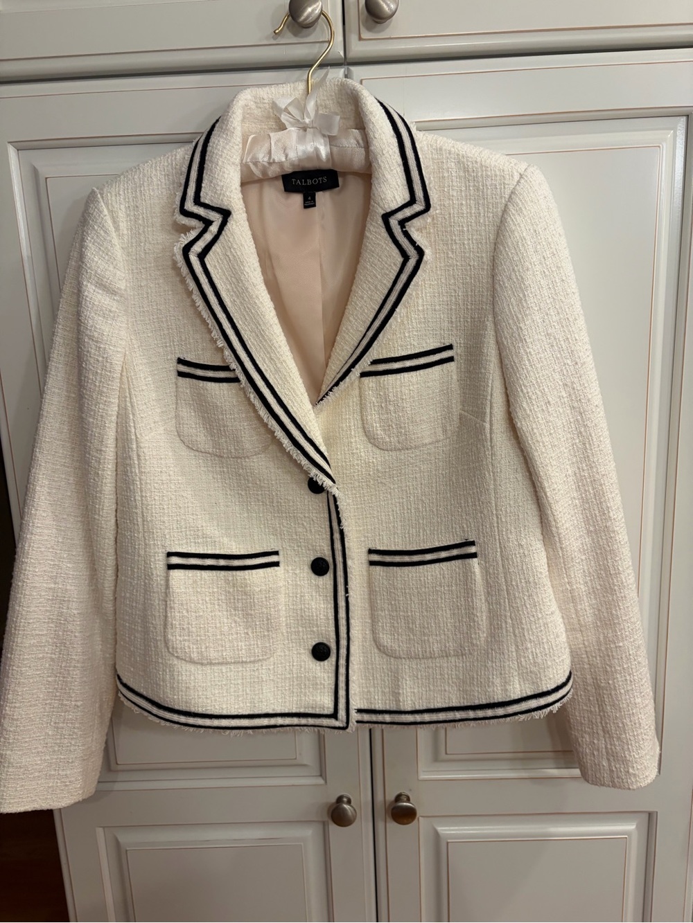 Talbots Cream Tweed Blazer with Black Trim Accents